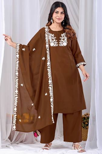 Brown pure cotton floral embroidered kurta trouser dupatta set