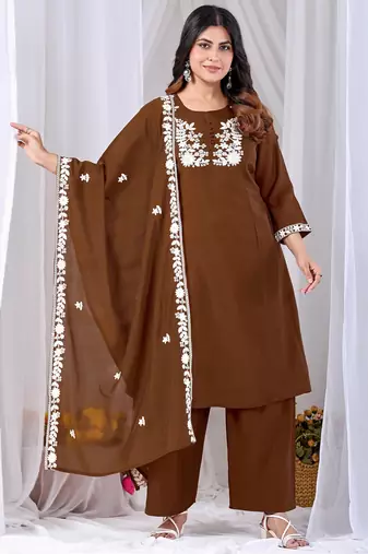 Brown pure cotton floral embroidered kurta trouser dupatta set