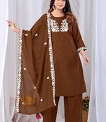 Brown pure cotton floral embroidered kurta trouser dupatta set