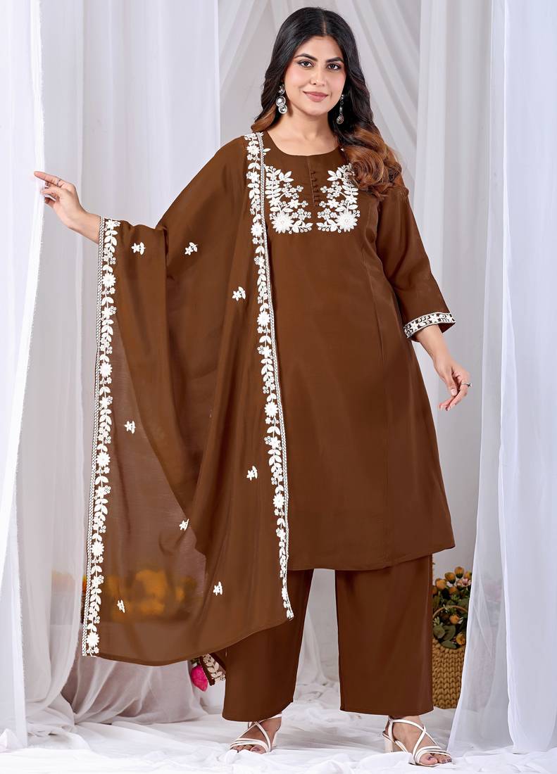 Brown pure cotton floral embroidered kurta trouser dupatta set