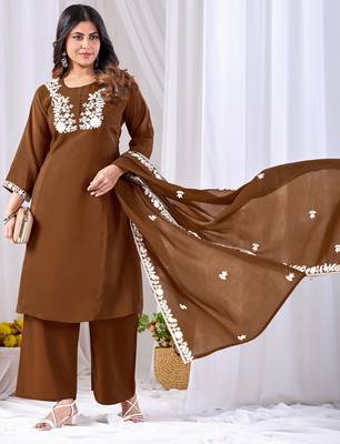 Brown pure cotton floral embroidered kurta trouser dupatta set 2