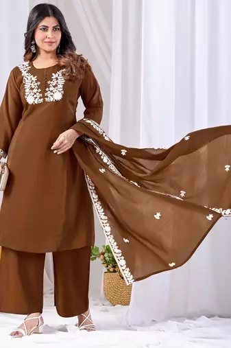 Brown pure cotton floral embroidered kurta trouser dupatta set