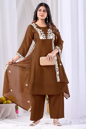 Brown pure cotton floral embroidered kurta trouser dupatta set