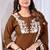 Brown pure cotton floral embroidered kurta trouser dupatta set