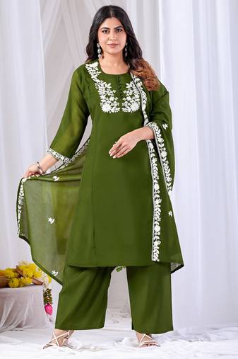 Green pure cotton floral embroidered kurta trouser dupatta set