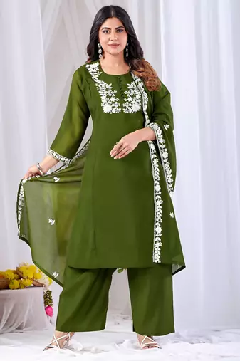 Green pure cotton floral embroidered kurta trouser dupatta set