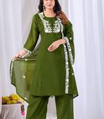 Green pure cotton floral embroidered kurta trouser dupatta set