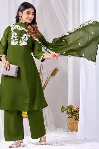 Green pure cotton floral embroidered kurta trouser dupatta set
