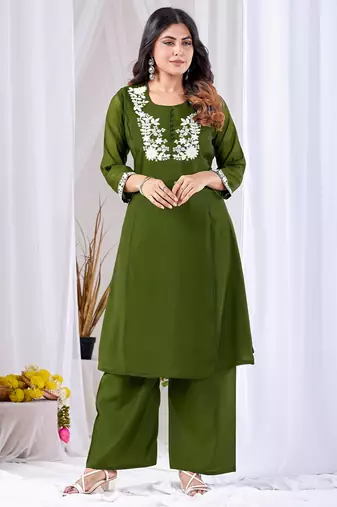 Green pure cotton floral embroidered kurta trouser dupatta set