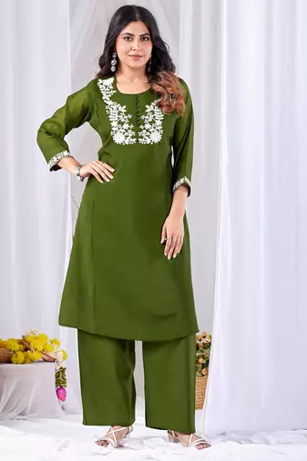 Green pure cotton floral embroidered kurta trouser dupatta set