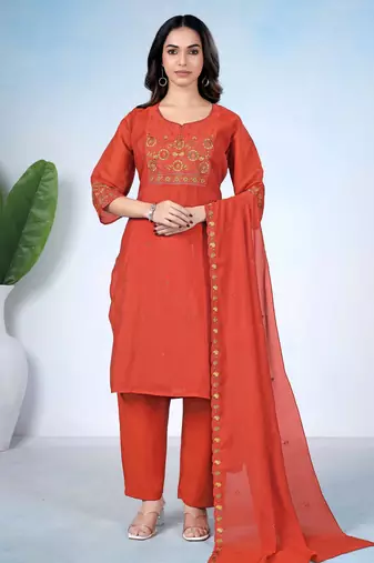 Orange pure cotton floral embroidered kurta trouser dupatta set