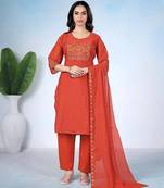 Orange pure cotton floral embroidered kurta trouser dupatta set