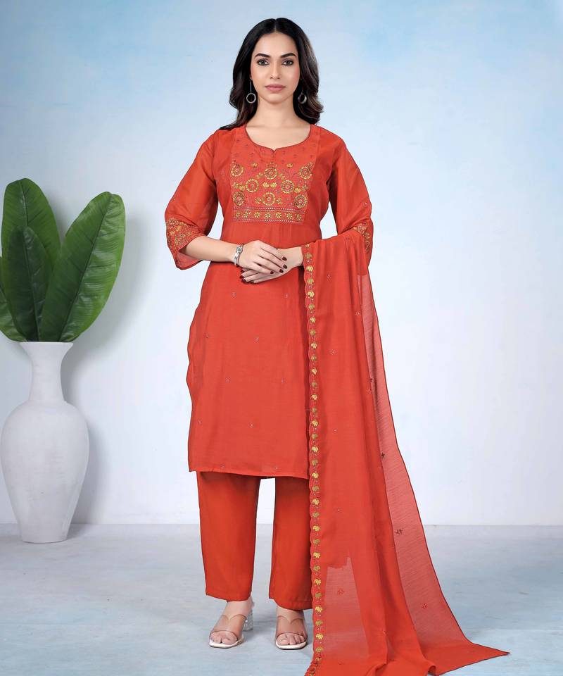 Orange pure cotton floral embroidered kurta trouser dupatta set