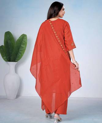 Orange pure cotton floral embroidered kurta trouser dupatta set 2