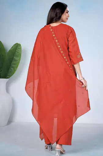 Orange pure cotton floral embroidered kurta trouser dupatta set