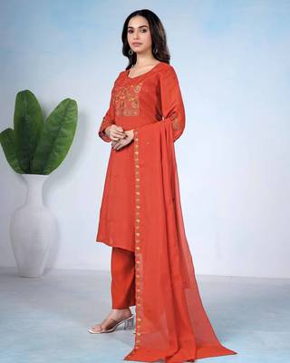 Orange pure cotton floral embroidered kurta trouser dupatta set 3