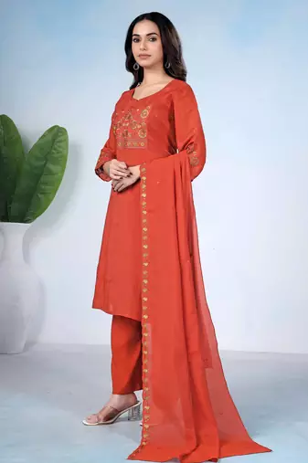 Orange pure cotton floral embroidered kurta trouser dupatta set