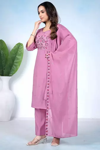 Pink pure cotton floral embroidered kurta trouser dupatta set