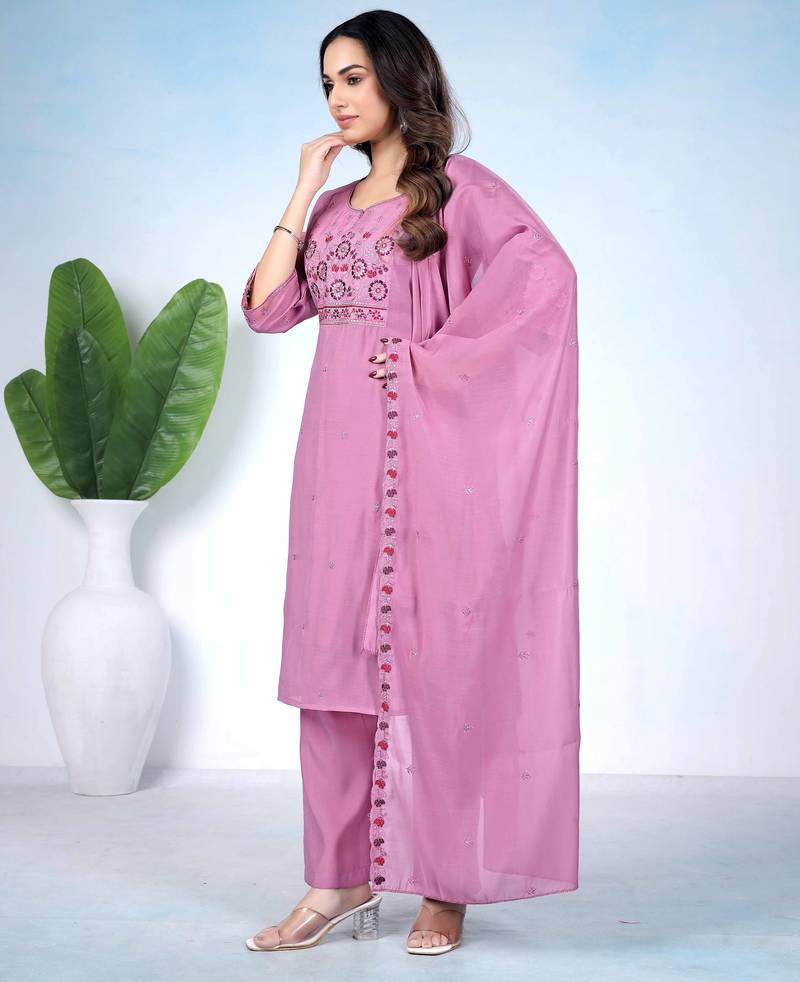 Pink pure cotton floral embroidered kurta trouser dupatta set