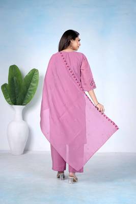 Pink pure cotton floral embroidered kurta trouser dupatta set 2