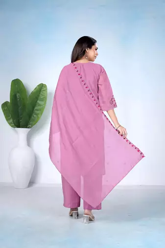 Pink pure cotton floral embroidered kurta trouser dupatta set