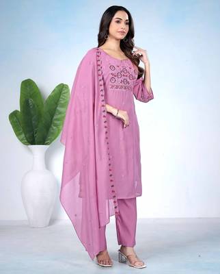 Pink pure cotton floral embroidered kurta trouser dupatta set 3