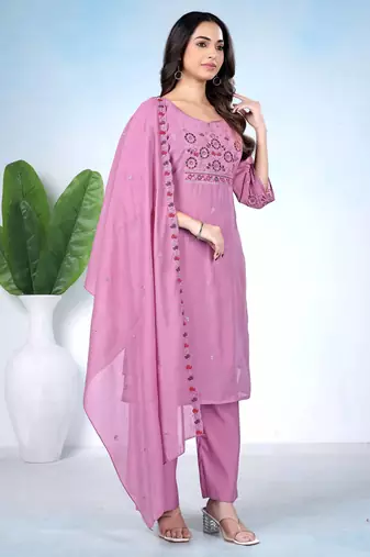 Pink pure cotton floral embroidered kurta trouser dupatta set