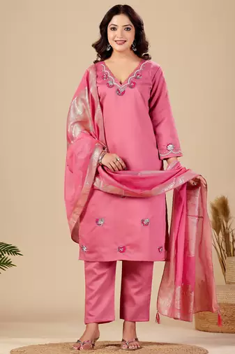 Pink pure cotton floral embroidered kurta trouser dupatta set with jacquard dupatta