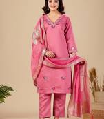 Pink pure cotton floral embroidered kurta trouser dupatta set with jacquard dupatta