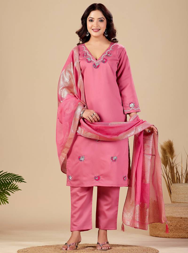 Pink pure cotton floral embroidered kurta trouser dupatta set with jacquard dupatta