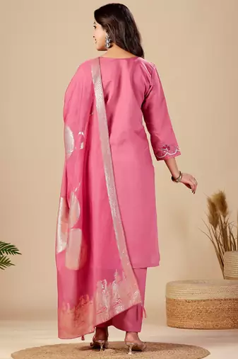 Pink pure cotton floral embroidered kurta trouser dupatta set with jacquard dupatta