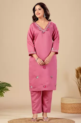 Pink pure cotton floral embroidered kurta trouser dupatta set with jacquard dupatta