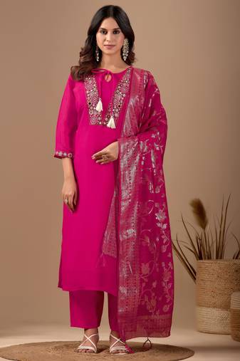 Pink chanderi floral embroidered kurta trouser dupatta set with jacquard dupatta
