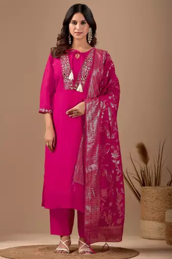 Pink chanderi floral embroidered kurta trouser dupatta set with jacquard dupatta