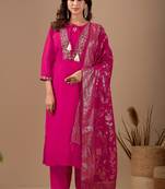 Pink chanderi floral embroidered kurta trouser dupatta set with jacquard dupatta