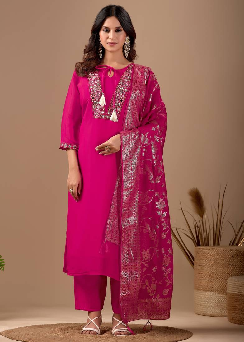 Pink chanderi floral embroidered kurta trouser dupatta set with jacquard dupatta