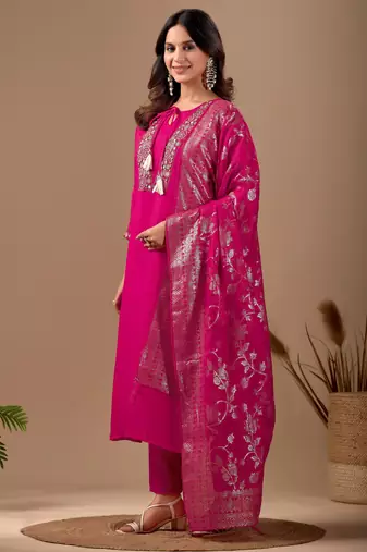 Pink chanderi floral embroidered kurta trouser dupatta set with jacquard dupatta