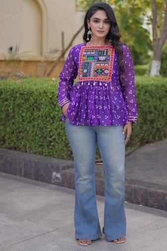 Violet georgette readymade navratri top with bandhani & patch work
