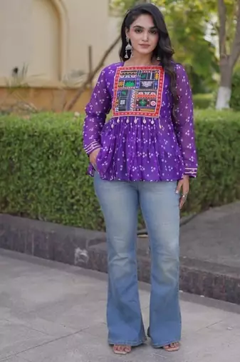Violet georgette readymade navratri top with bandhani & patch work