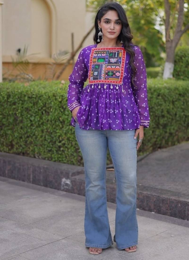 Violet georgette readymade navratri top with bandhani & patch work