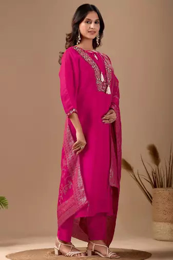 Pink chanderi floral embroidered kurta trouser dupatta set with jacquard dupatta