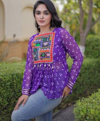 Violet georgette readymade navratri top with bandhani & patch work 2