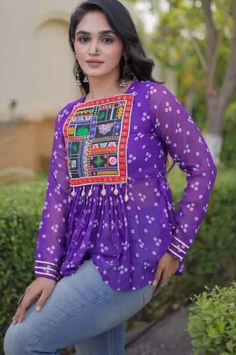 Violet georgette readymade navratri top with bandhani & patch work