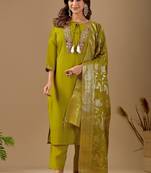 Green chanderi floral embroidered kurta trouser dupatta set with jacquard dupatta