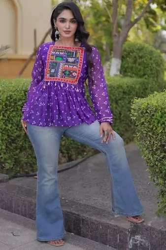 Violet georgette readymade navratri top with bandhani & patch work