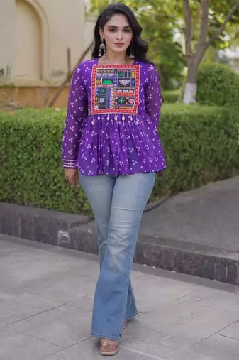 Violet georgette readymade navratri top with bandhani & patch work