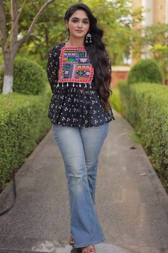 Black georgette readymade navratri top with bandhani & patch work