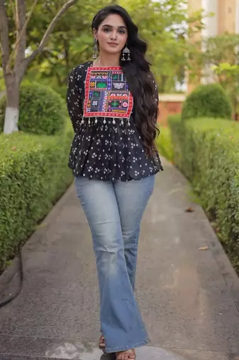 Black georgette readymade navratri top with bandhani & patch work