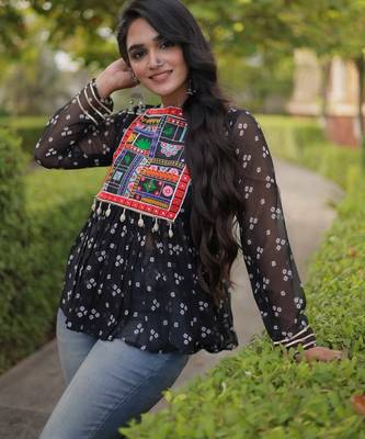 Black georgette readymade navratri top with bandhani & patch work 2
