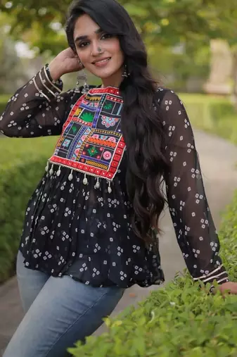 Black georgette readymade navratri top with bandhani & patch work